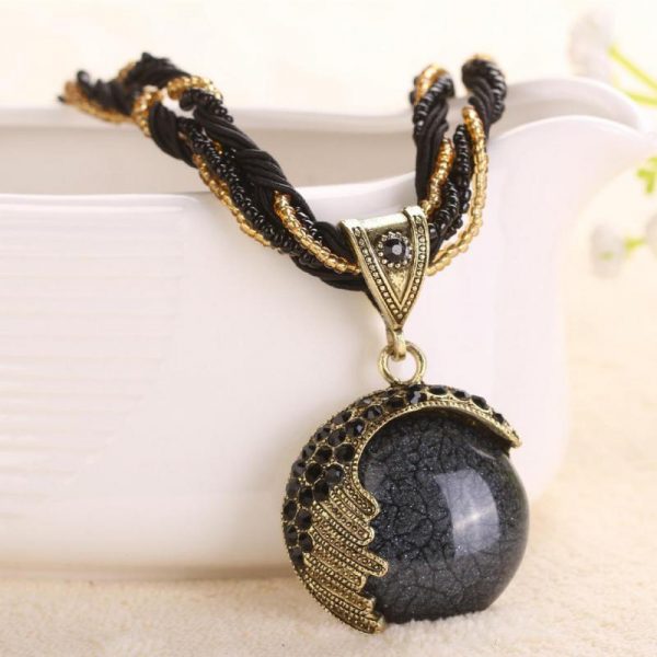Boho Reiki Opal Stone Pendant-Necklace -Black