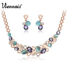 Viennois Rose Gold Crystal Rhinestone Necklace and Stone Earrings