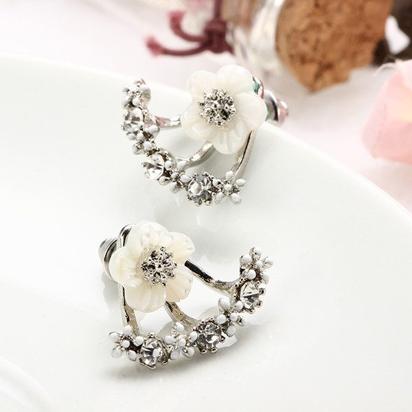 Zircon Crystal Daisy Flower Stud Earrings -Silver
